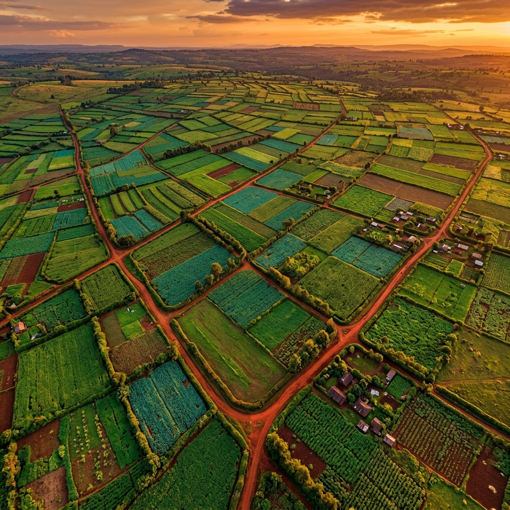 Aerial drone photograph looking straight down at lush green farmland patchwork in Kenya, multiple shades of green crop plots, red soil paths between them, shot at dusk with very warm orange light, almost abstract in composition