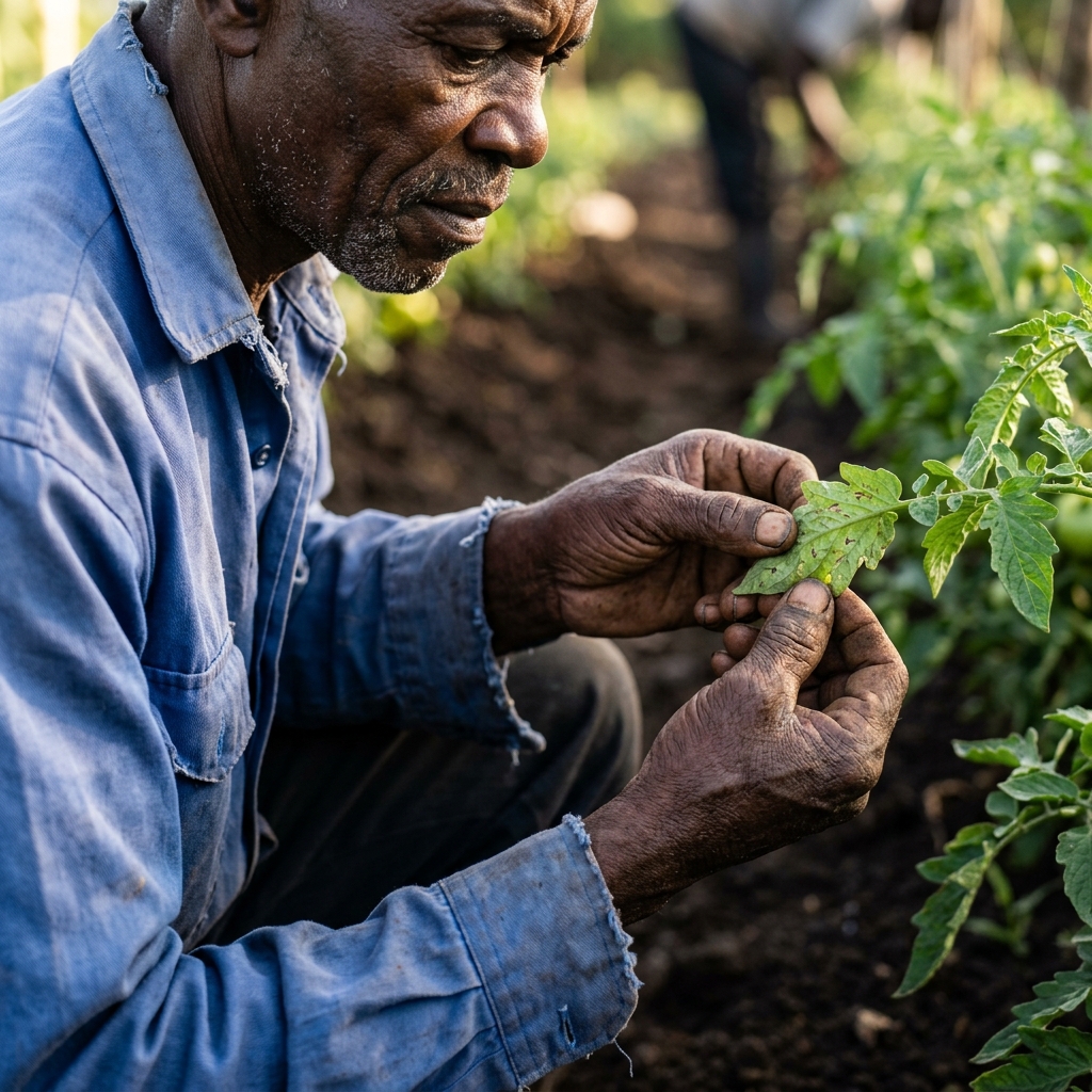 Close-up portrait of weathered hands of a Kenyan male farmer carefully inspecting a green tomato leaf