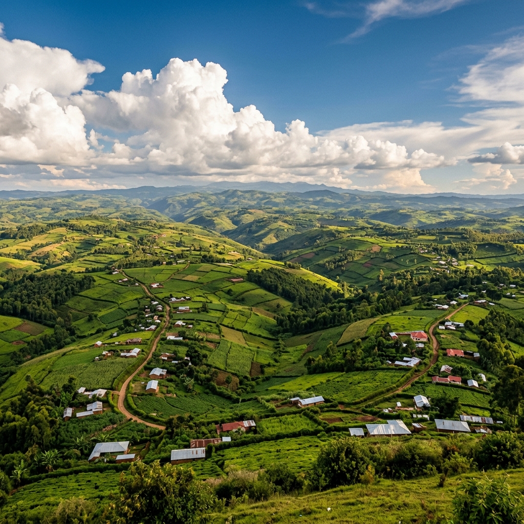 Sweeping panoramic landscape of Kenya highlands green farmland rolling hills and scattered homesteads under blue cloudy sky