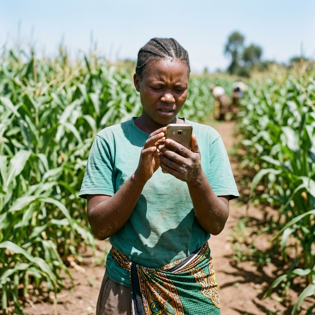 Documentary photograph of a young Kenyan woman farmer in a maize field looking at her phone