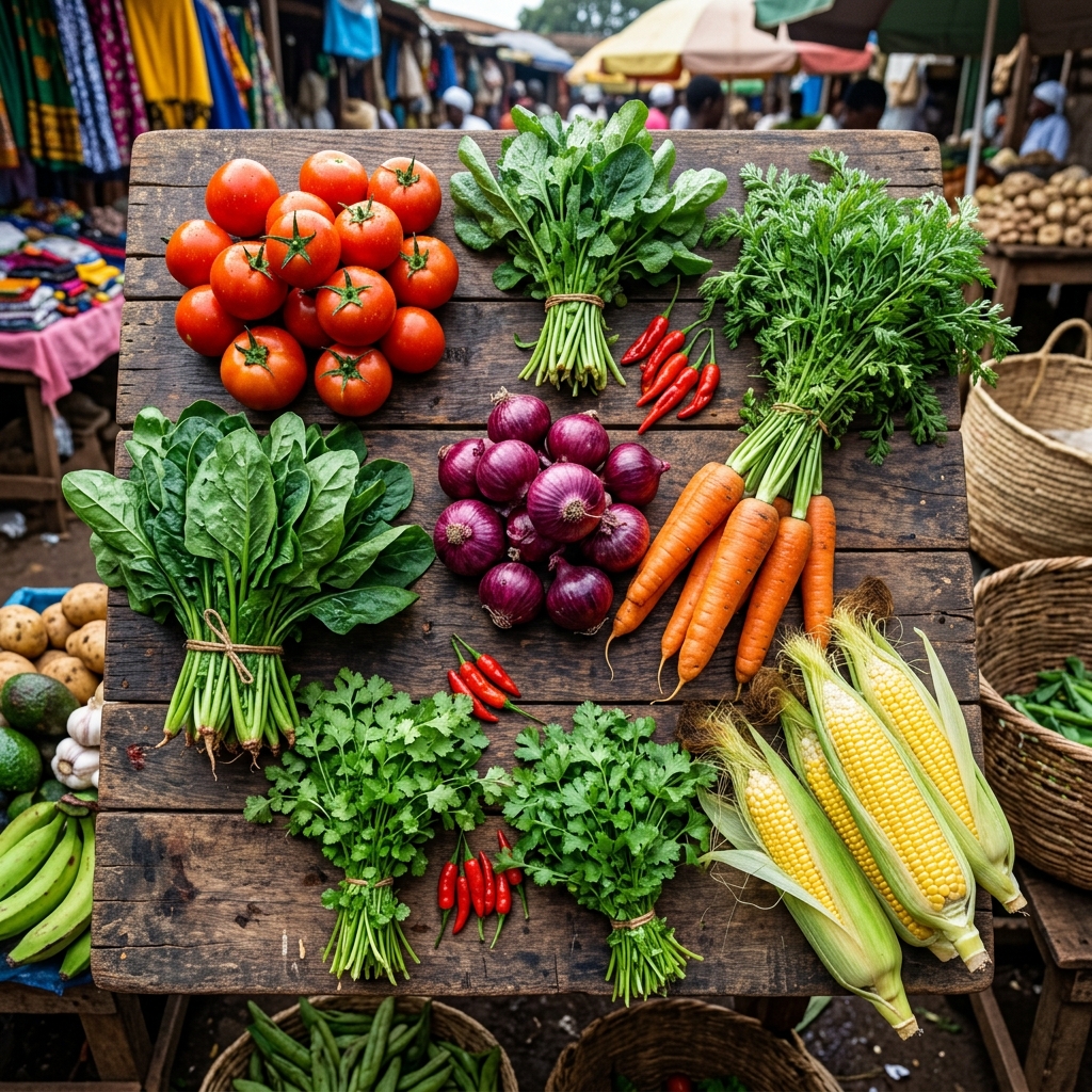 Vibrant overhead flat-lay of fresh Kenyan vegetables arranged on a rustic wooden table at a market
